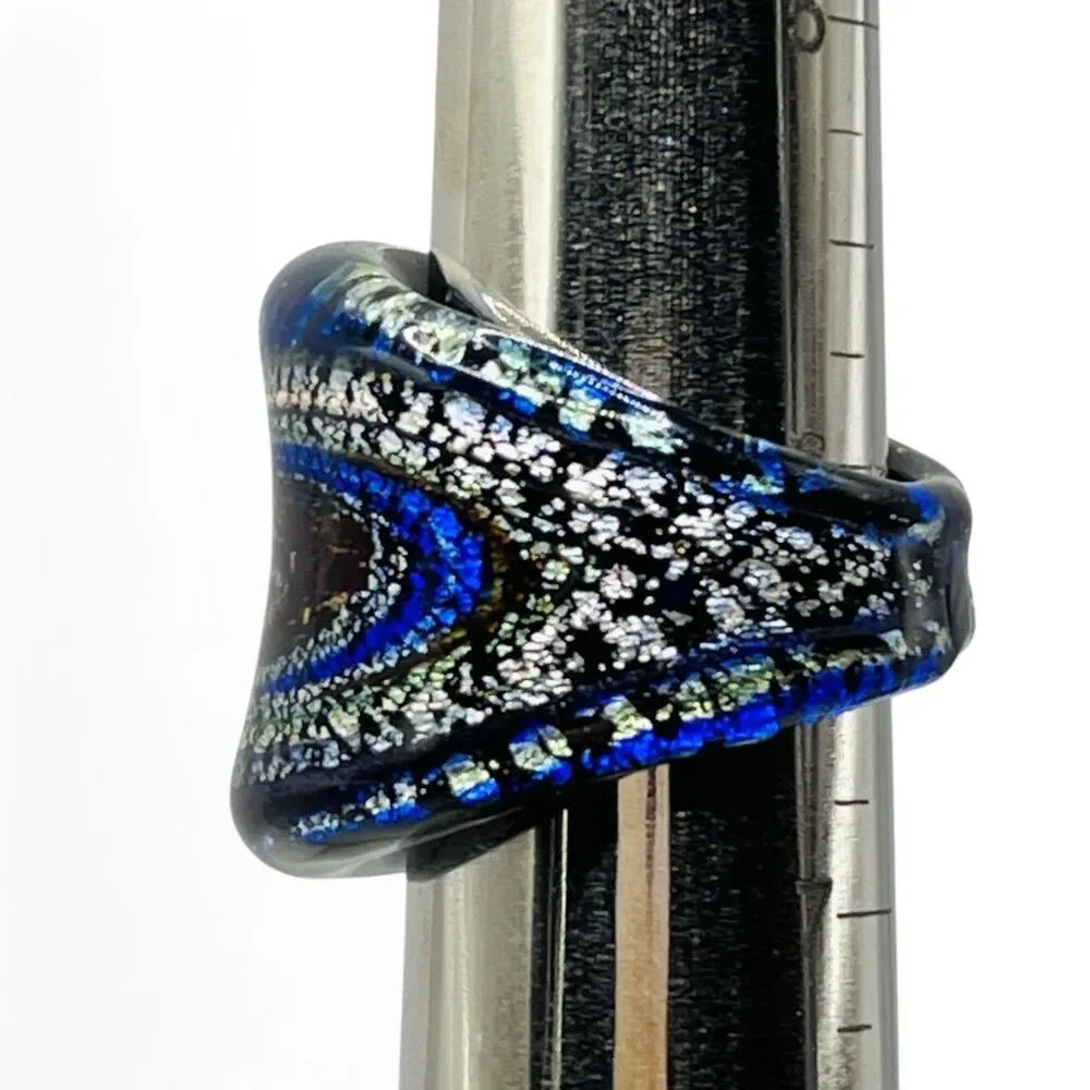 Hand Blown Glass Ring Sz 6.25 - 6.5 Black Swirl Metallic Wide Art Venetian Style